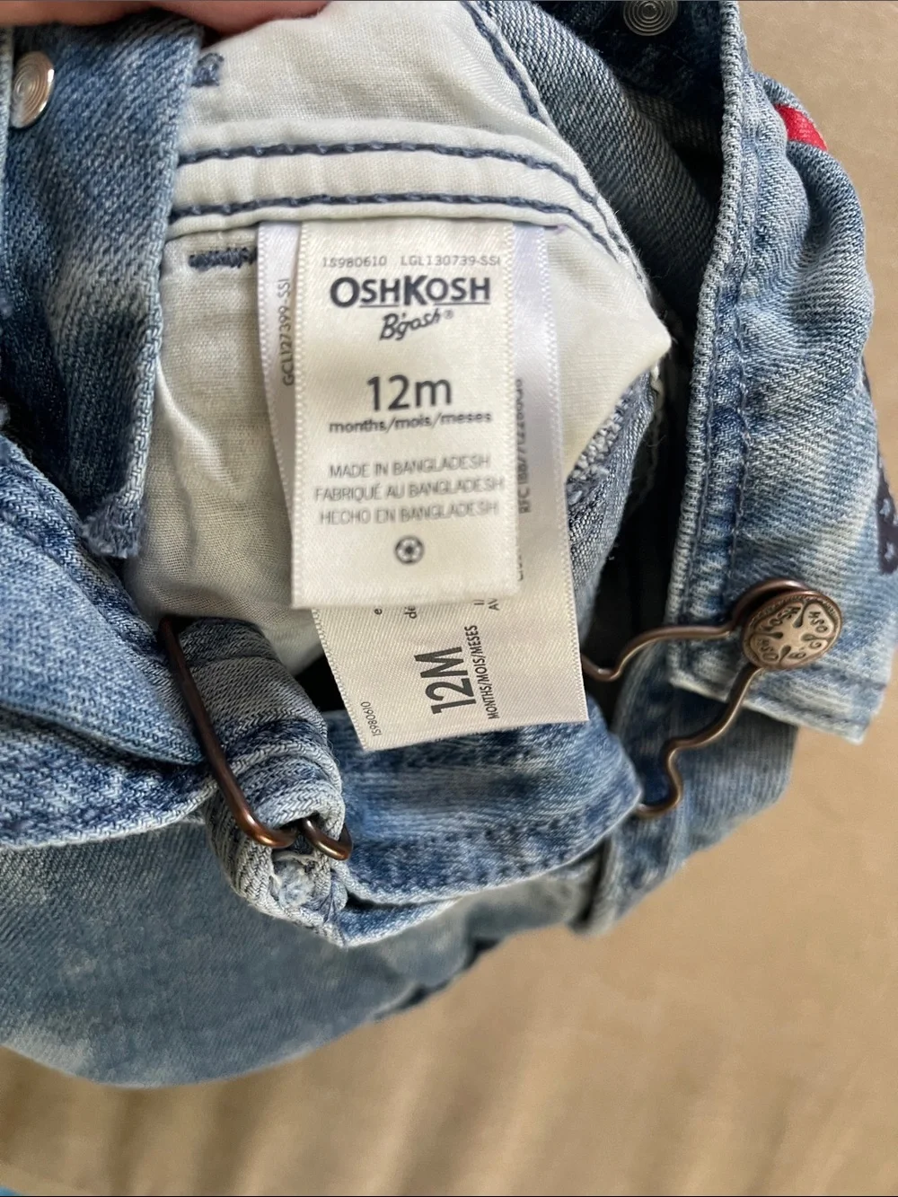 OshKosh B'gosh Washed Blue Denim Short Overalls with Flag Graphic
